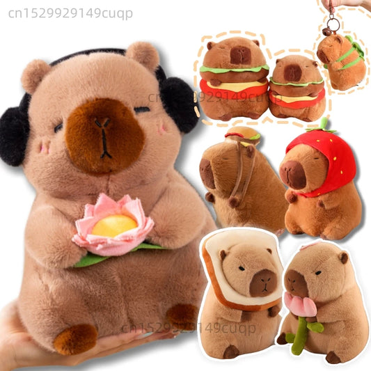 Capybara Series Plush Toy Fun Cosplay Strawberry Turtle Poop Hamburger Bun Lotus TV Series 1988 Fruit Food Decor Stuffed Animal