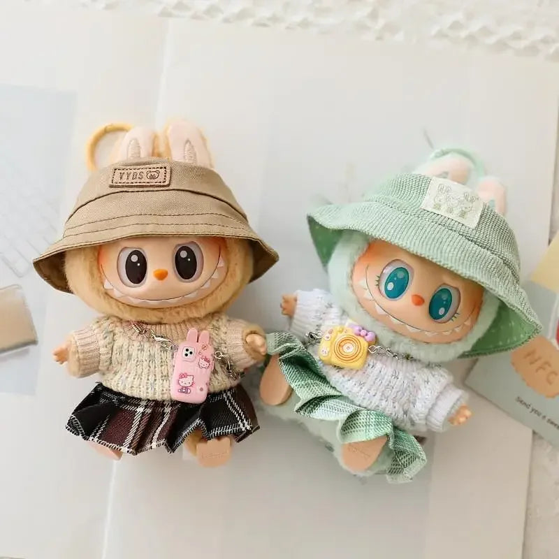 Mini Doll'S Clothes Outfit Accessories For 15-17cm Labubu Idol Knitted sweater JK pleated skirt camera shoes set Clothing Gift