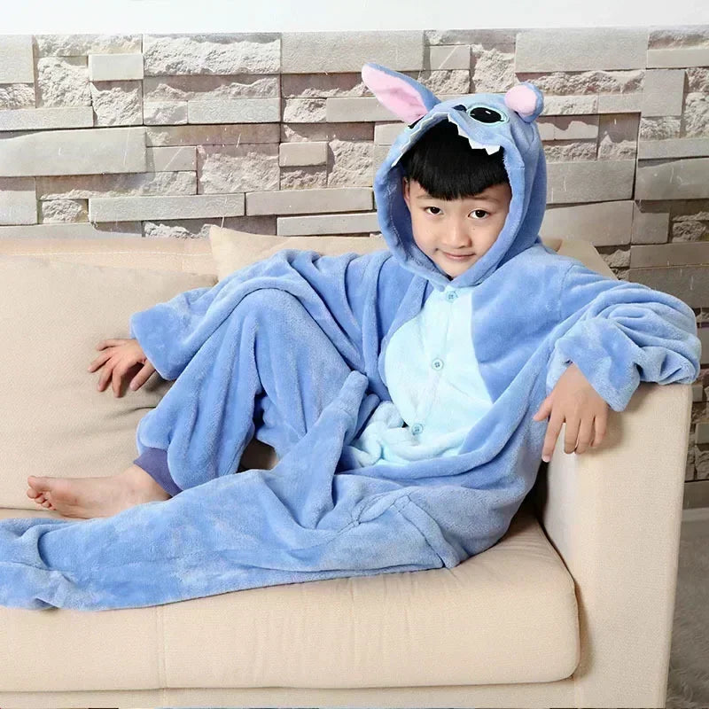 Kawaii Disney Stitch Plush Pajamas Winter Warm Cartoon Cosplay cute Home Jumpsuit Pajamas Set Boy Girls Birthday Christmas Gifts