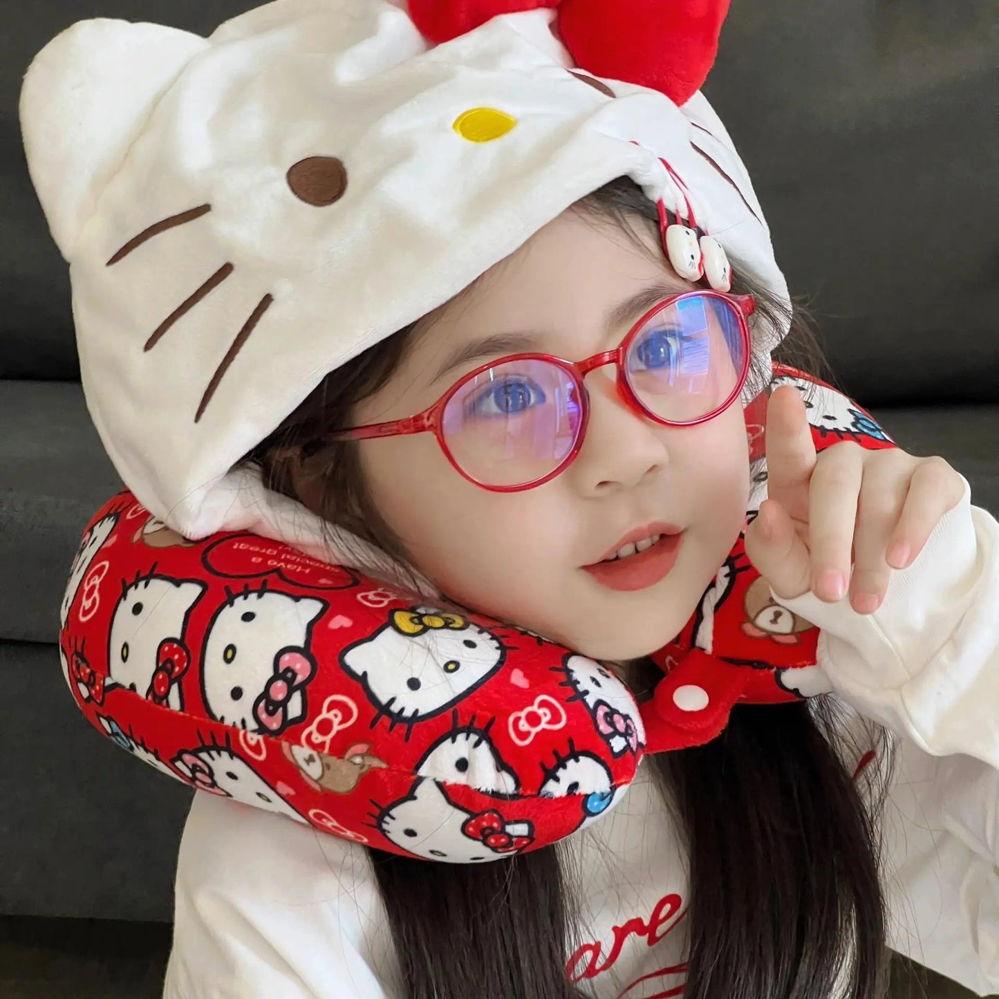 Sanrio Kawaii Hello Kitty U-shaped Neck Pillow With Hat Travel Pillow Hooded Blackout Office Car Hello Kitty Girl Gifts