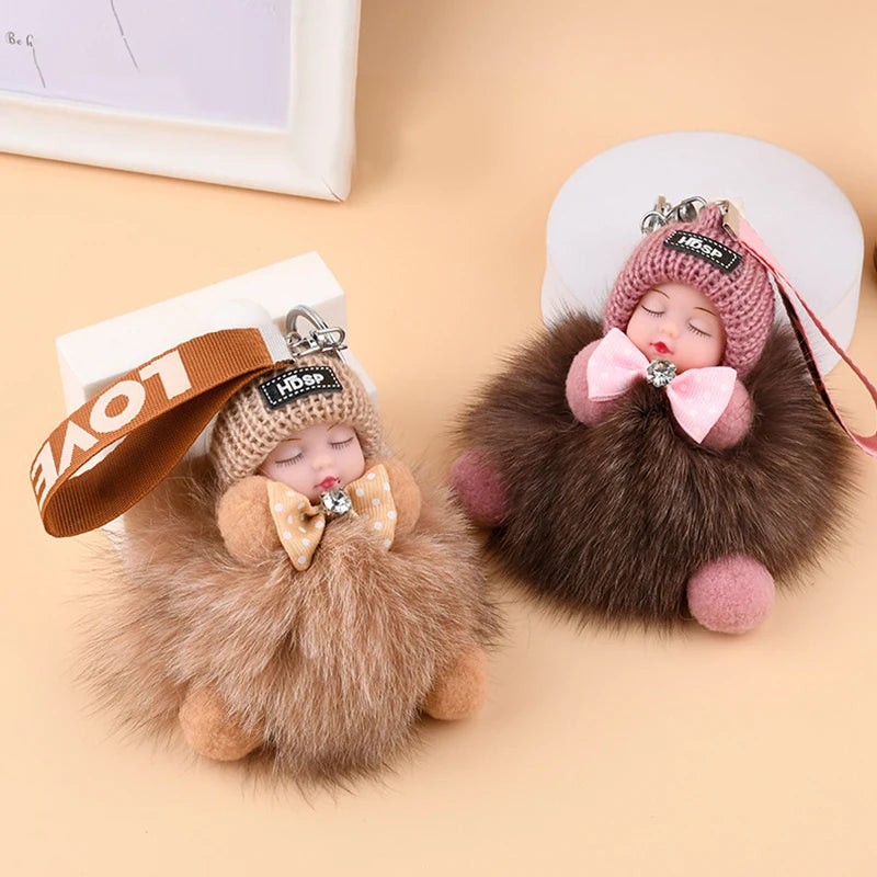 Cute Sleeping Baby Keychain Charm Cute Fluffy Plush Doll Car Keychain Fashion Women's Bag Charm Backpack Decoration Gift