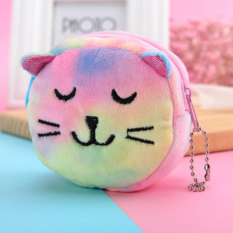 Colorful Cat Cute Cartoon Plush Purse Little Bear Coin Bag Key Hook Pendant Pocket Pouch Wallet