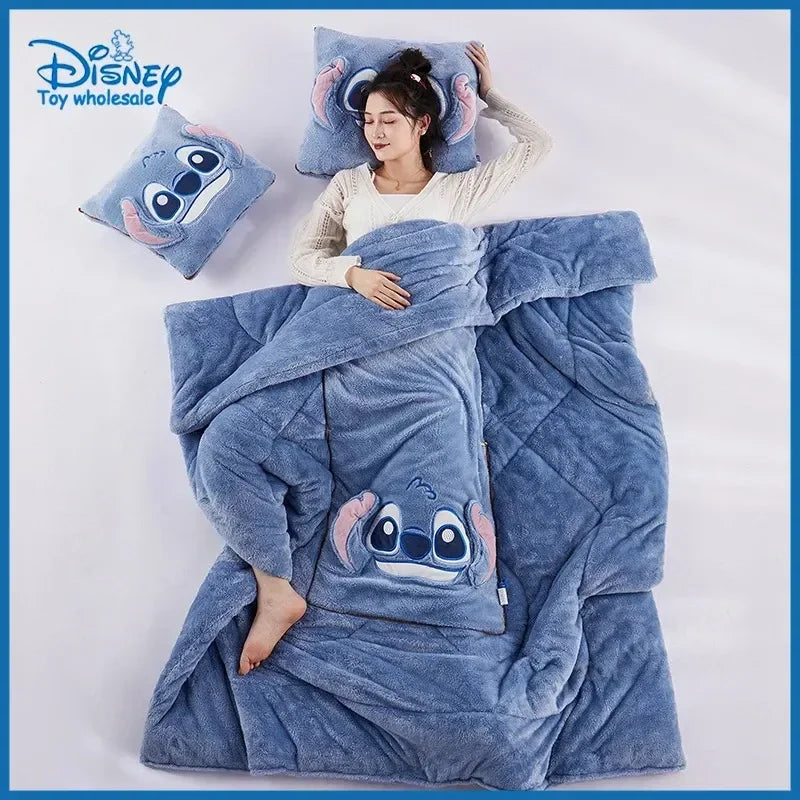 Disney Stitch Throw Pillow Blankets Two In One Kawaii Flannel Thickened Nap Blanket Living Room Kids Bedroom Decoration Gift