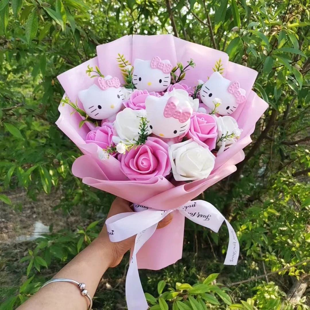 Anime Hello Kitty Cartoon Plush Bouquet Sanrio Artificial Rose Flowers Doll Christmas Home Wedding Decoration Valentine's Day Gi