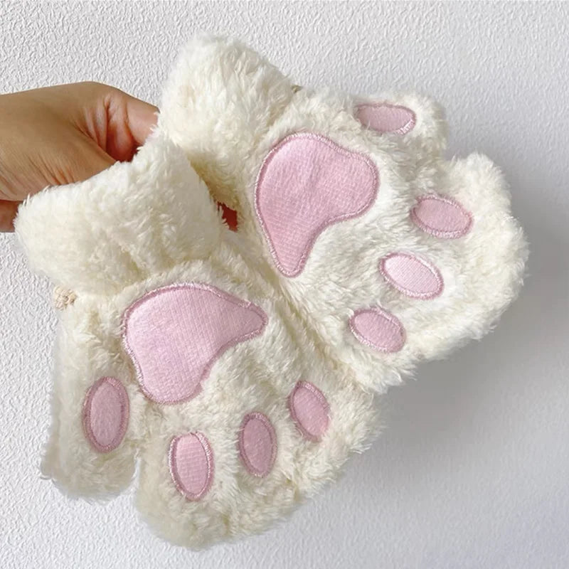 Cartoon Cute Cat Claw Paw Gloves Women Plush Mittens Warm Soft Plush Short Fingerless Fluffy Bear Cat Gloves Costume Half Finger