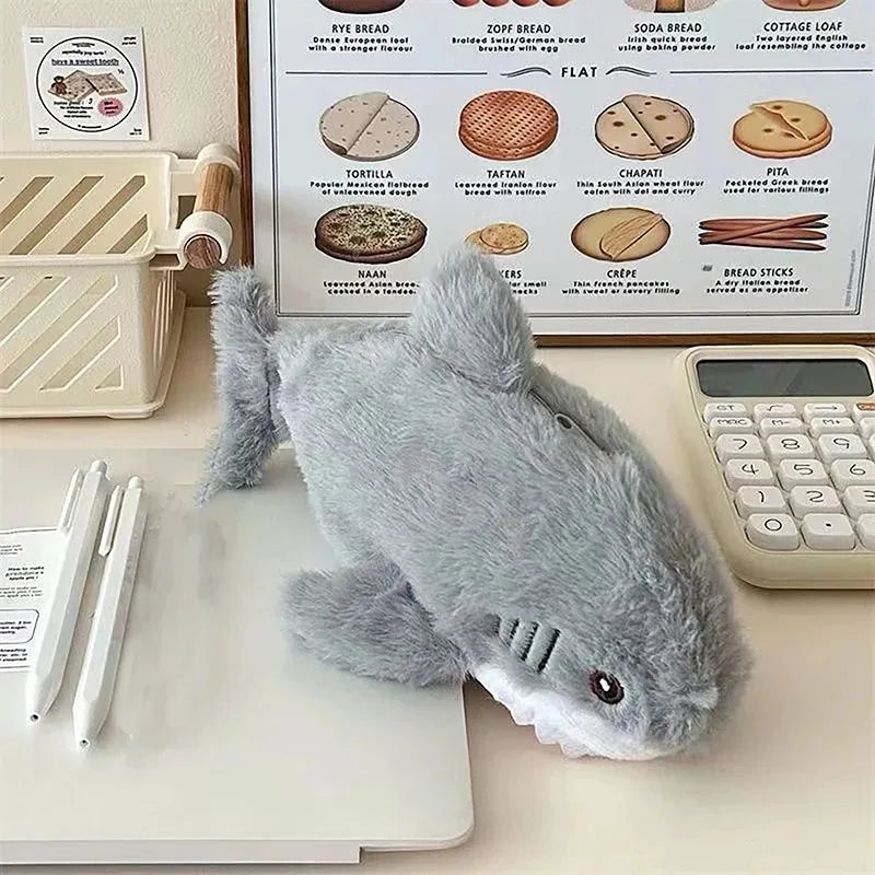 A Cute Plush Shark Pencil Bag with Small Capacity Soft and Comfortable, Suitable for School, Office, Marine Animal Lovers Gifts