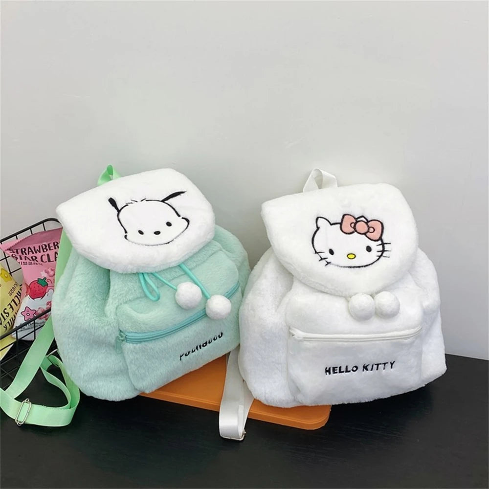 Sanrio Kuromi Melody Cartoon Cute Puppy Plush Flip Backpack Women's Casual Large Capacity Cute kawaii Cartoon School Bag Mochila