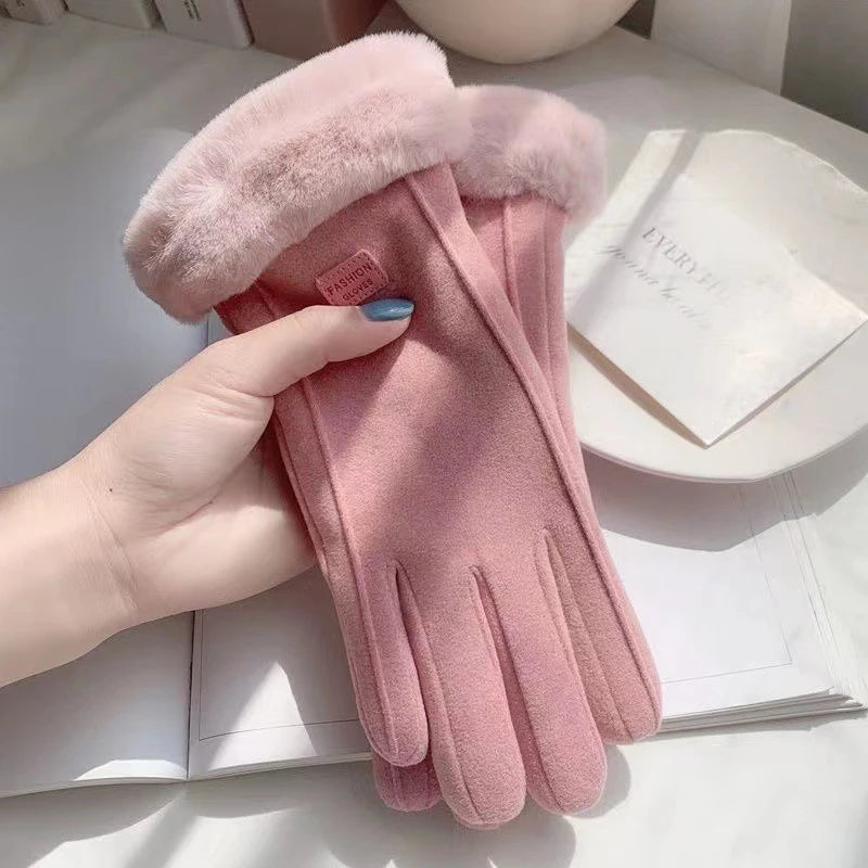 Winter Female Cashmere Warm Suede Leather Cycling Mittens Double Thick Velvet Plush Wrist Women Touch Screen Driving Gloves