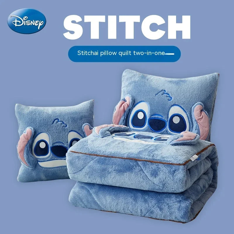 2024 New Disney Stitch Throw Pillow Blankets Two In One Kawaii Flannel Thickened Nap Blanket Living Room Kids Bedroom Decoration