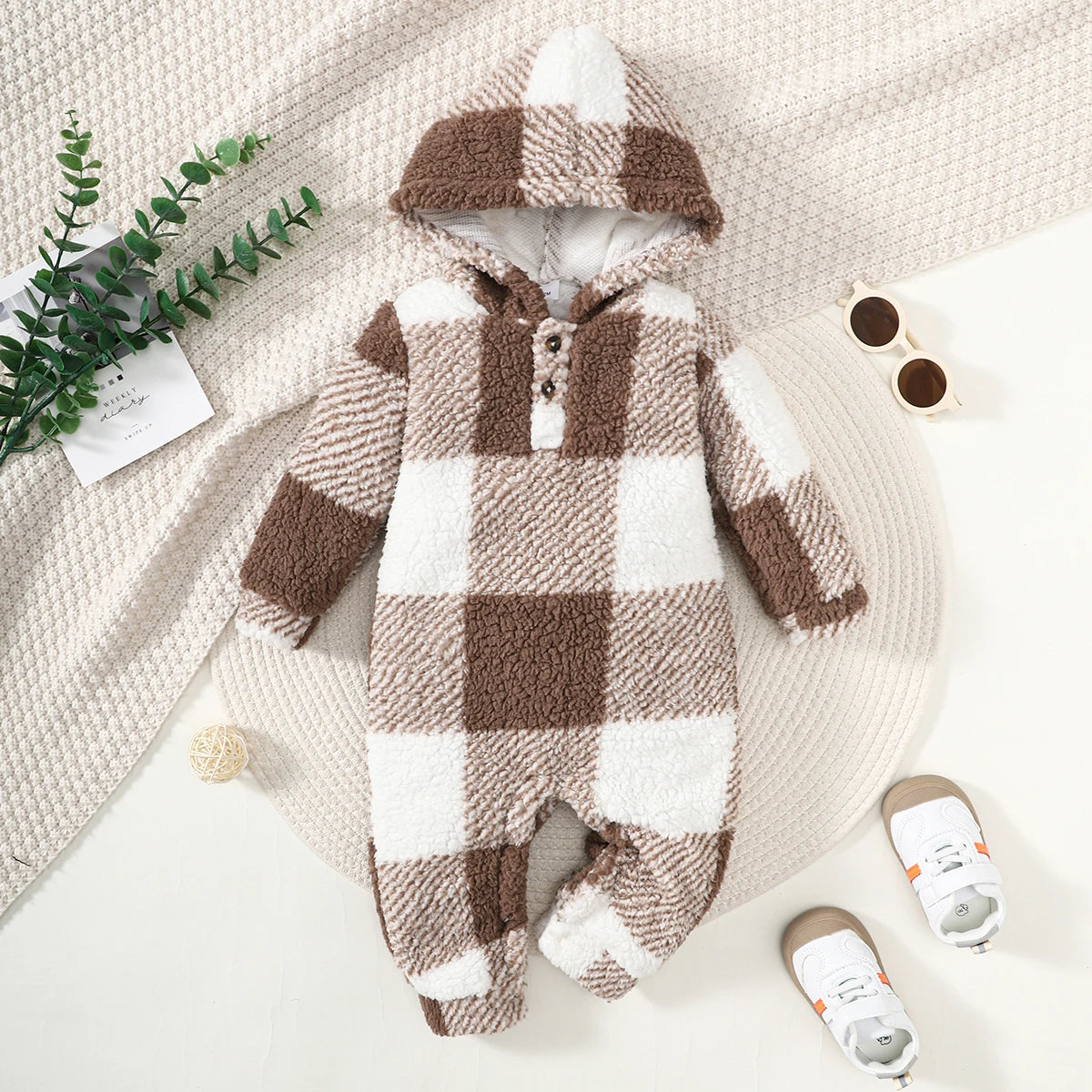 Baby Boys and Girls Plaid Romper Hooded Long Sleeved Plush Jumpsuit Winter Warm Bodysuit Clothes for 3-24 Months Toddler Boy