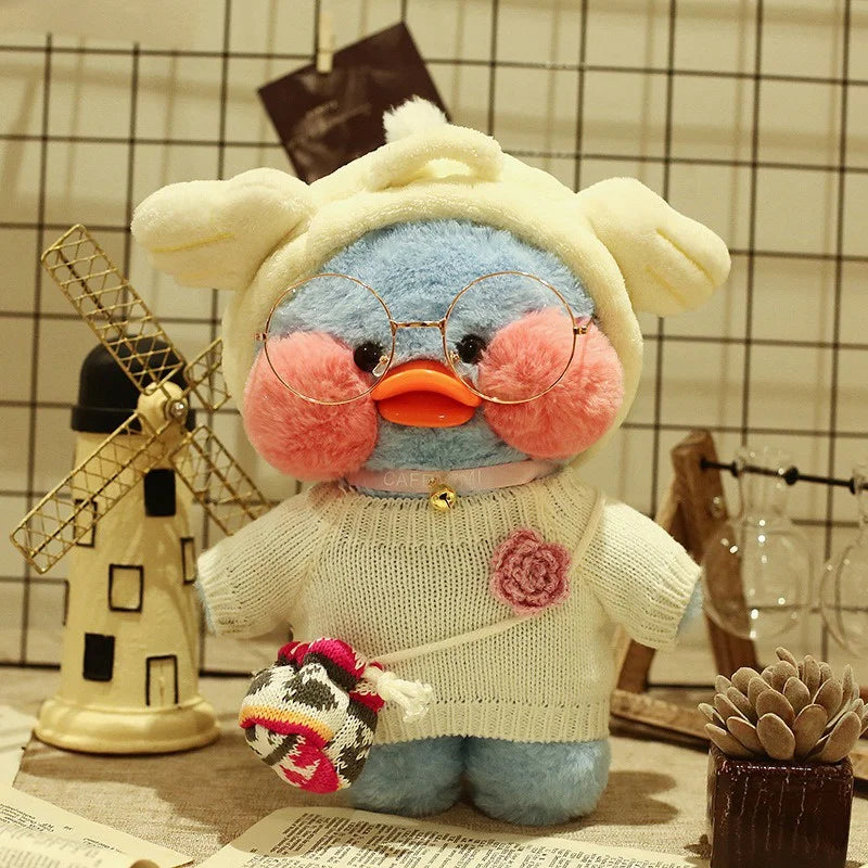 30cm Cute Cafe Blue Duck Stuffed Plush Animals Toy Wear Glasses And Clothes Soft Doll Girl Birthday Creative Gift For Children