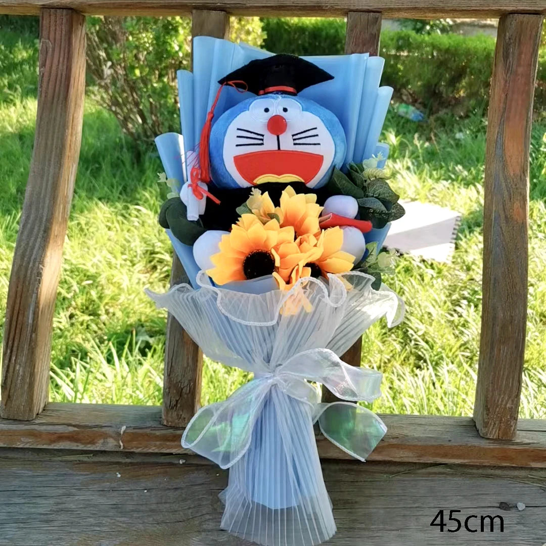 Hello Kitty Graduation Plush Bouquet Toys with Sunflower Present Stuffed Animals Toy Student Graduation Souvenir Birthday Gift