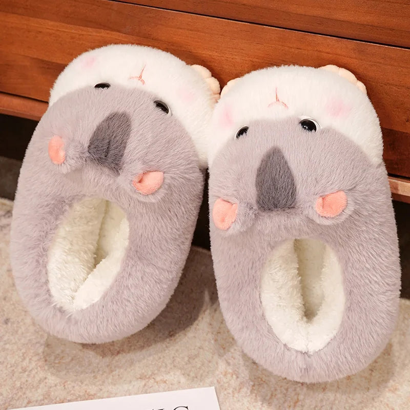 Cartoon Cute Warm Winter Slippers Kawaii Hamster Plush Shoes Soft Sole Flat Home Cotton Shoes Girl Women Adults Floor Shoes