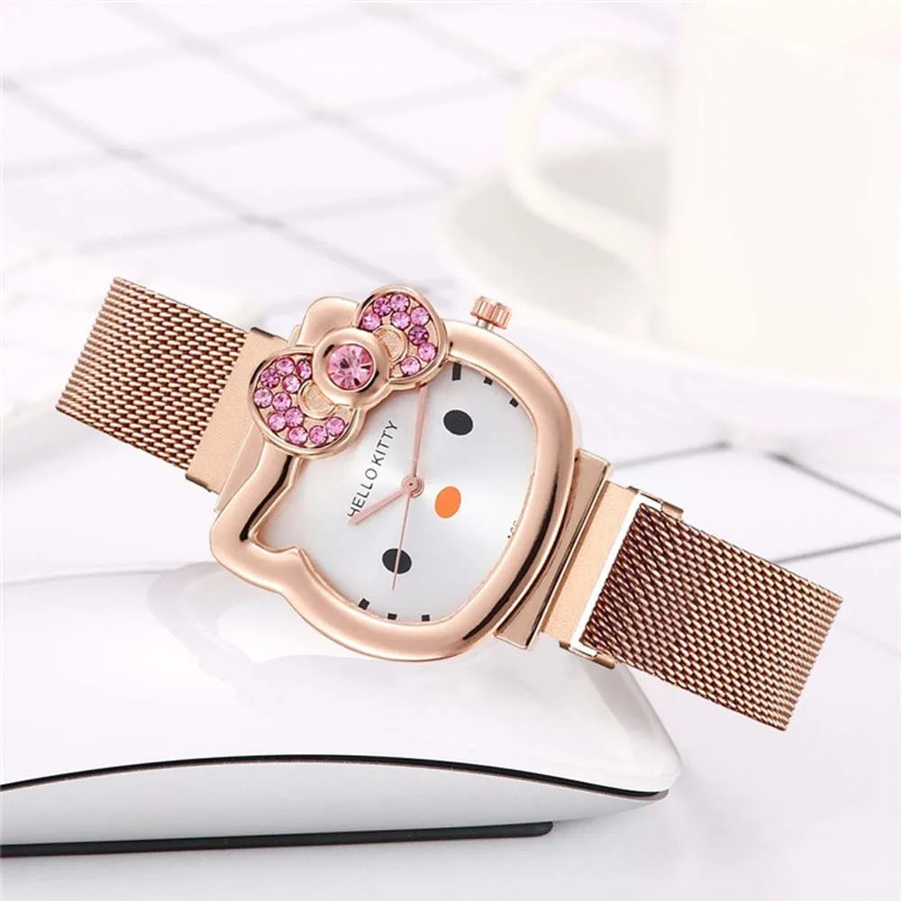 Hot Selling Sanrio Steel Band Watch Simple Cartoon Hello Kitty Cat Watch Women's Leisure Kitty Watch Cute Children's Quartz Watc