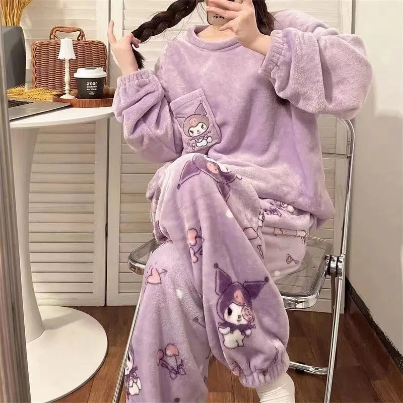 New Sanrio Kuromi Pajama Sets Women Winter Warm Plush Cute Sleepwear Print Pajama Cartoon Home Clothes Valentine'S Day Gift Soft