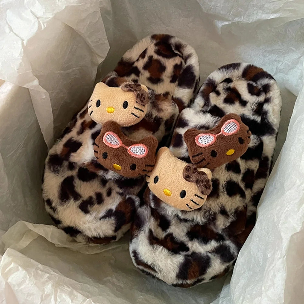 New Hello Kitty Leopard Print Plush Slipper Sanrio Cute Autumn And Winter Spicy Girl Thick Bottom Fashion Non-Slip Home Shoes