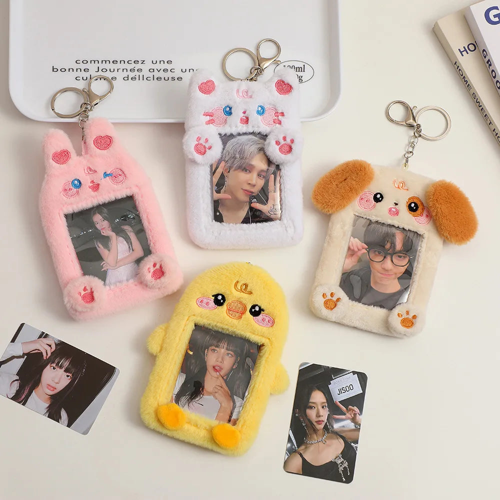 INS Cute Plush Dog Rabbit Photocard Holder Keychain Kpop Idol Photo Card Case Photo Bank Card Protective Case Display Holders