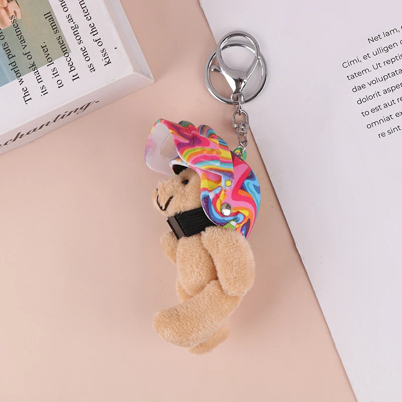 1PCS Lovely Helmeted Bear Charm Keychains Y2K Plush Ornament Pendant Car Keyring Backpack Decoration Bag Fashion Jewelry