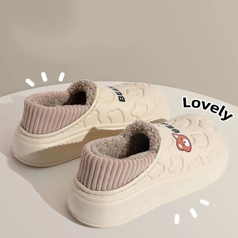 Winter Slippers For Women Bear Cartoon Outdoor Waterproof House Shoes For Men Plush Casual Shoes Indoor Fluffy Cotton Slippers