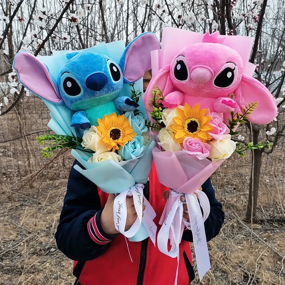 Anime Lilo & Stitch Plush Bouquet With Sunflower Soap Rose Flower Bouquet Cartoon Stuffed Valentine's Day Christmas Birthday Gif