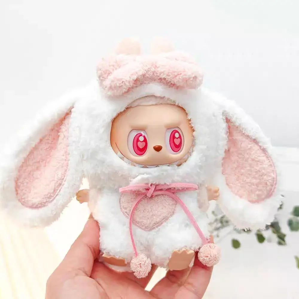 For 15-17cm Labubu Dolls Accessories DIY Doll Clothes Heartbeat Long Eared Furry Rabbit Costume Cartoon Dress Up Labubu Outfit