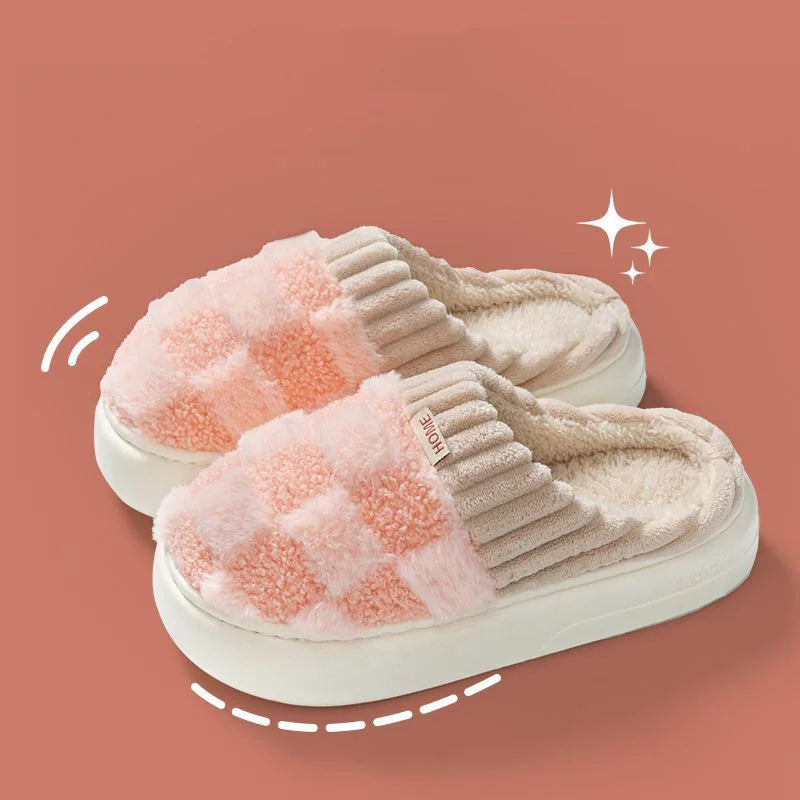 Fashion Couple Winter Slides Warm Plaid Fluffy Slippers Soft Sole Flip Flops For Women And Men Home Indoor Non-slip Cotton Shoes