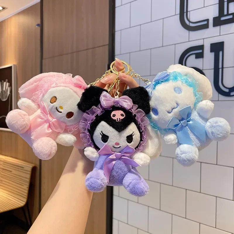 13CM Sanrio Plush Dolls Keychain Cinnamoroll Kuromi Melody Lace Headband Series Cute Pendant Backpack Deco Girl Kids Toys Gift