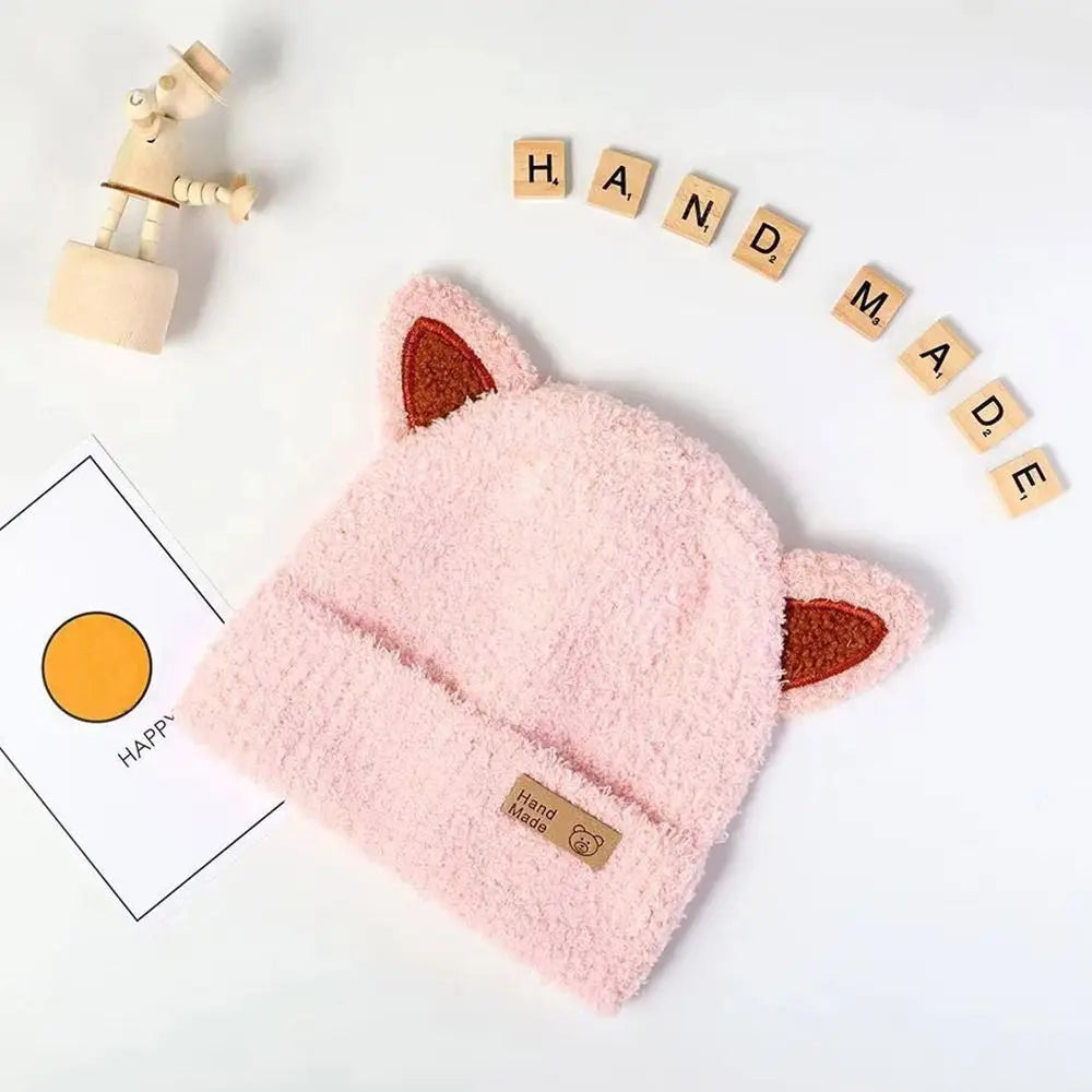 5 Months-3Year Windproof Solid Color Baby Knitted Hat Soft Cute Winter Hat Plush Cartoon Children Warm Cap Baby Children Kids