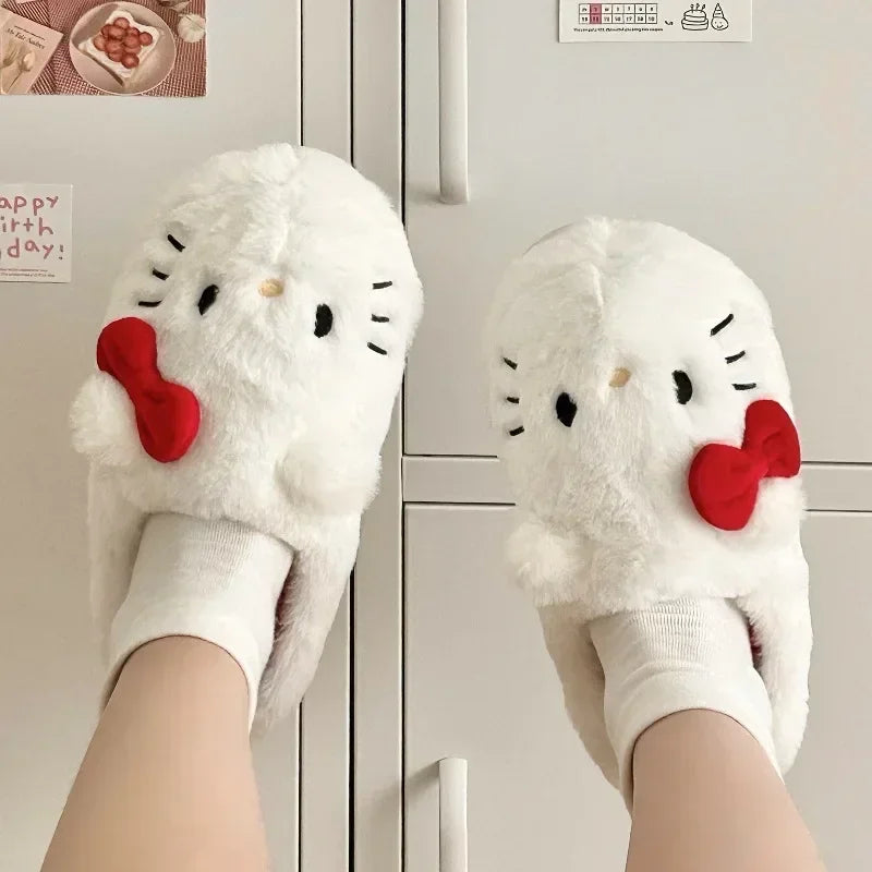 Sanrio Hello Kitty Plush Slipper Cartoon Warm Winter Indoor Slippers Flat Casual Non-slip Girls Home Shoes kawaii Birthday Gift