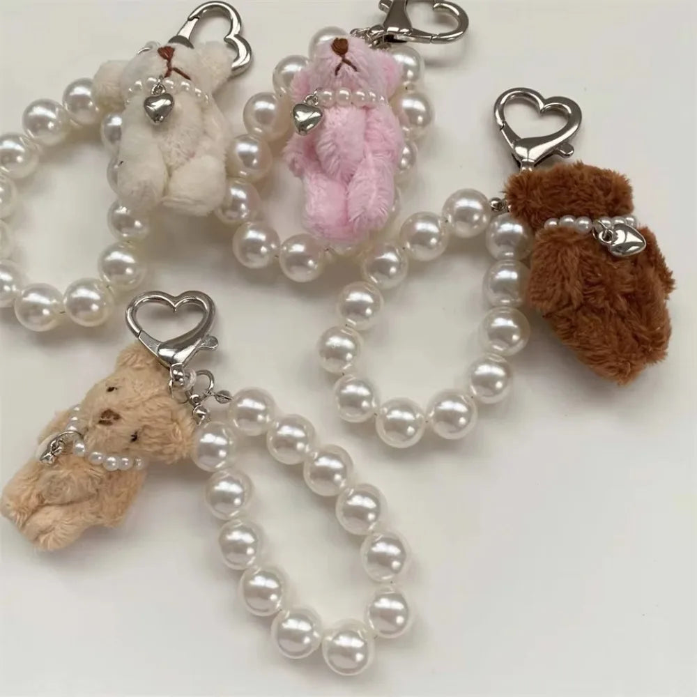 Cute Imitation Pearl Plush Teddy Bear Mobile Phone Chain Gift Hanging Ornament Keychain Handbag Pendant Doll Pendant Women Girls