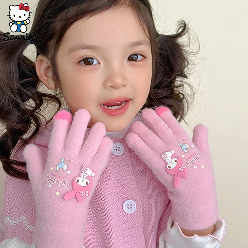 Kawaii Sanrio Gloves Children's Warm Gloves Kuromi Melody Winter Plush Thickened Full Fingers Mitten Accessories Christmas Gifts