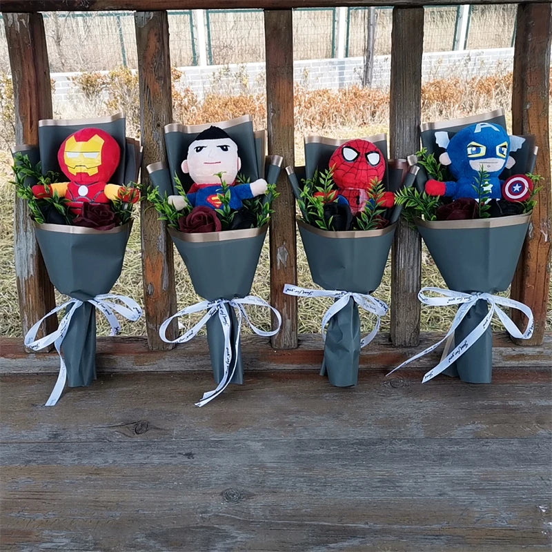 Graduation Plush Bouquet Super Hero Spider-Man Iron Man Superman Captain America Plush Stuffed Toy Kids Day Birthday Gifts