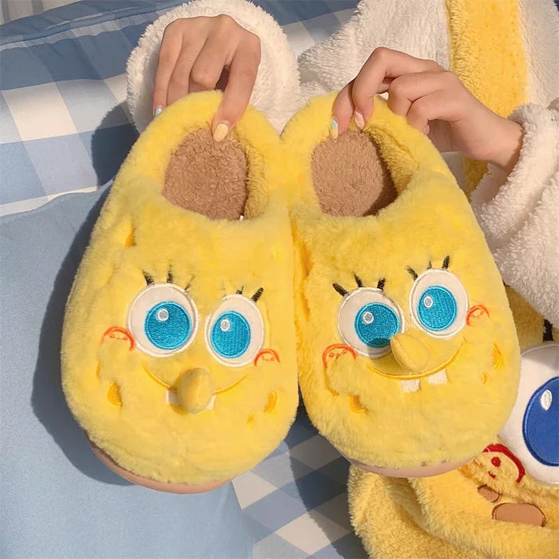 New Cartoon Anime Couples Spongebob Kawaii Slippers Plush Keep Warm Home Winter Soft Bottom Cute Shoes Men Women Lovers Shoes