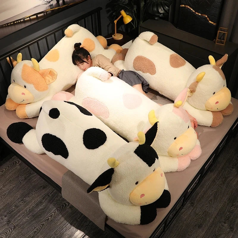 90/110cm Lovely Giant Lying Cow Long Plush Throw Pillow Stuffed Animal Milk Cattle Doll Bed Sleeping Pillow Cushion Home Decor