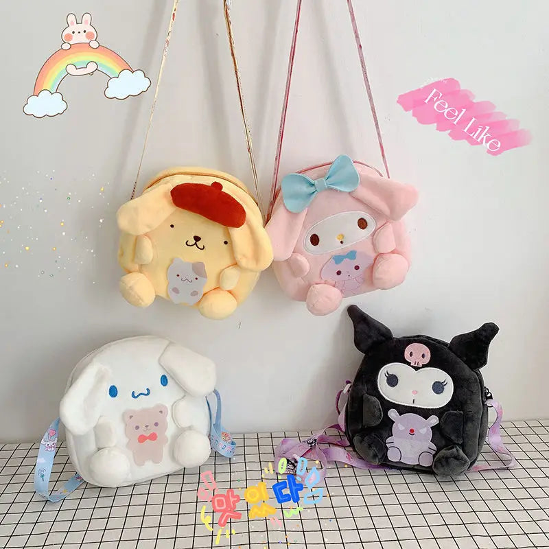 Kawai Sanrio Backpack Cute Kuromi Cinnamoroll Pompompurin My Melody Cute Plush Toy Mobile Phone Bag Girl Christmas Birthday Gift