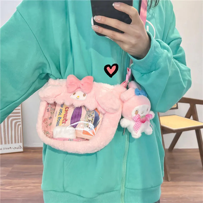 Kawaii Sanrio Plush Bags Cinnamoroll Melody Kuromi Hello Kitty Transparent Plushie Crossbody Bag Cartoon Anime Doll Pendant Gift