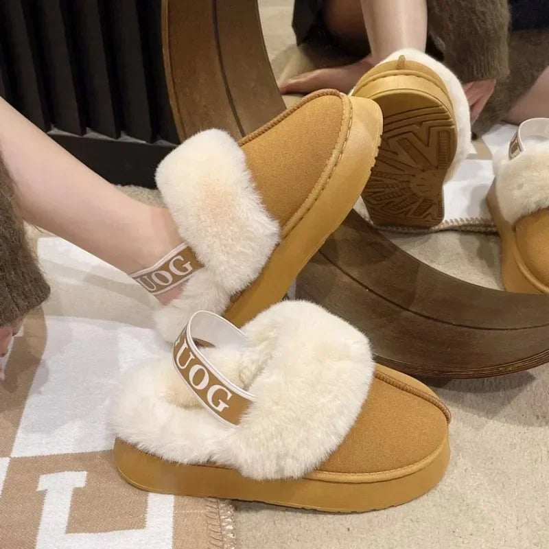 Fashion Platform Women Slippers Casual Home Suede Fur Warm Slingback Flip Flops Hot Sale Brand Plush Cotton Slippers Flats Shoes