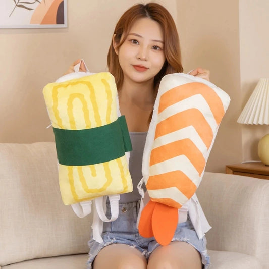 1pc 35-45CM Lovely Sushi Plush Backpack Toys Cartoon Fried Shrimp Sushi&Omelette Sushi Pillow Stuffed Soft for Girls Baby Decor