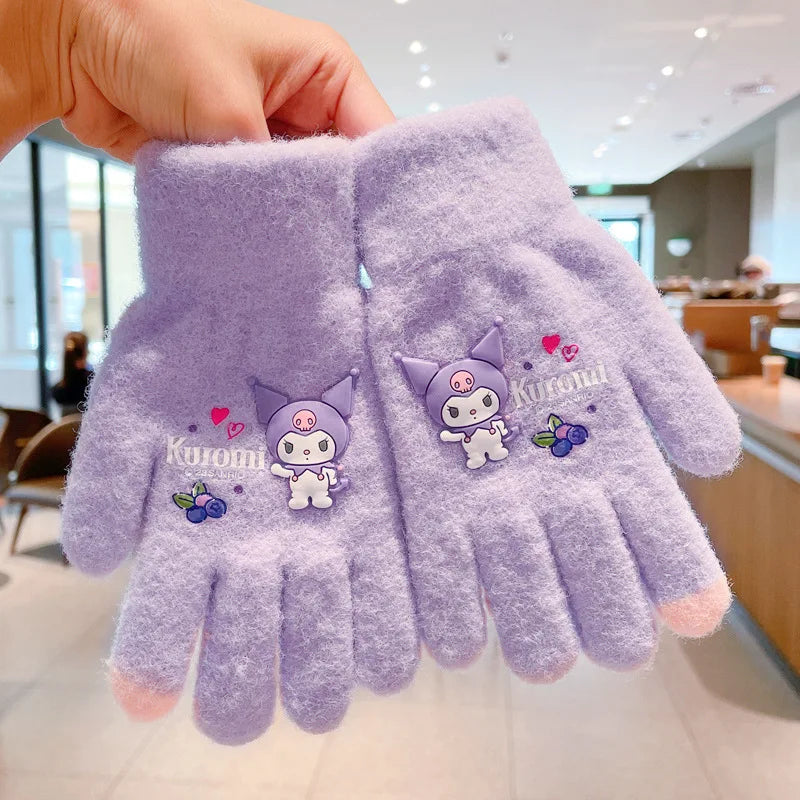 Kawaii Sanrio Gloves Children's Warm Gloves Kuromi Melody Winter Plush Thickened Full Fingers Mitten Accessories Christmas Gifts