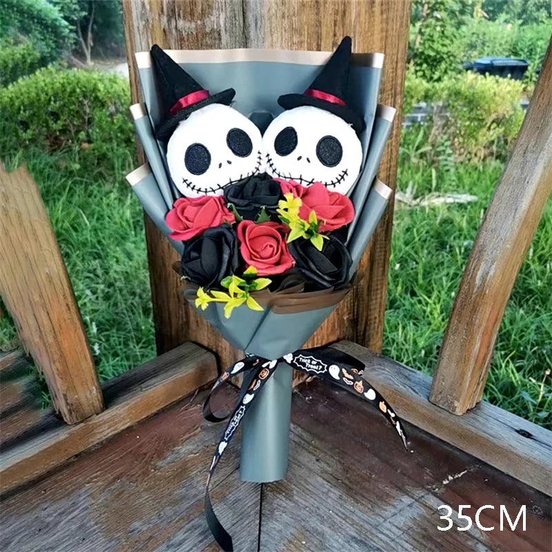 Halloween Jack Skellington Plush Doll Toys With Artificial flower Bouquet Stuffed Terror Skull Ghost Christmas Day/Birthday Day