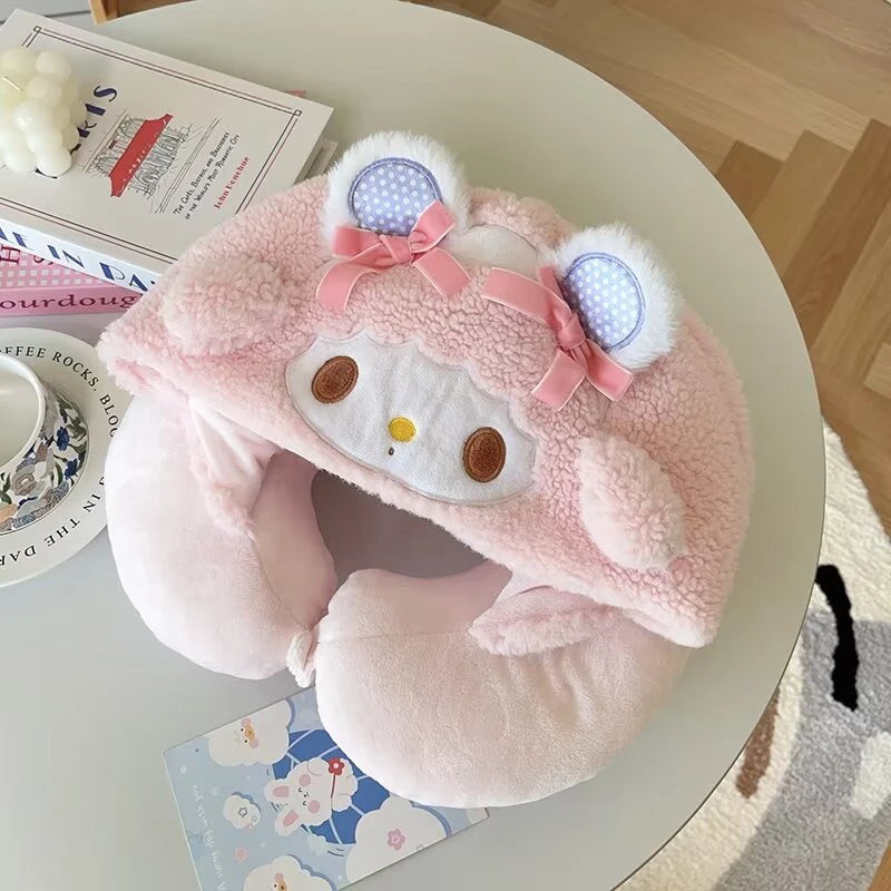 Disney Plush Dumbo Elephant Hooded U-shaped Pillow Stuffed Sanrio My Melody Marie Cat My Sweet Piano Travel Neck Pillow Office