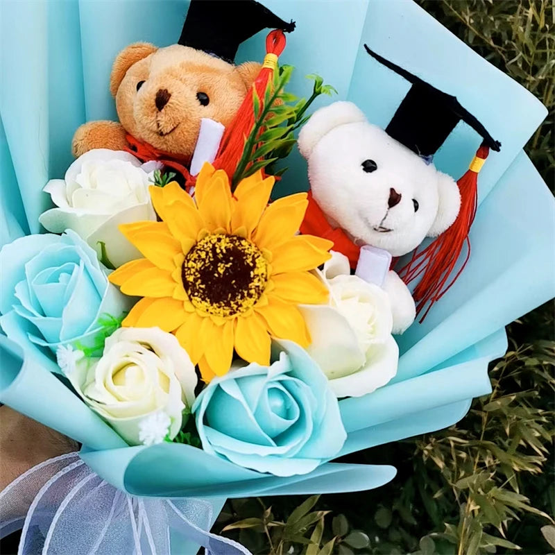 Teddy Bear Plush Graduation Flower Bouquet With Soap Rose Flower Birthday Sunflower Stuffed Animals Valentine's Day Gifts