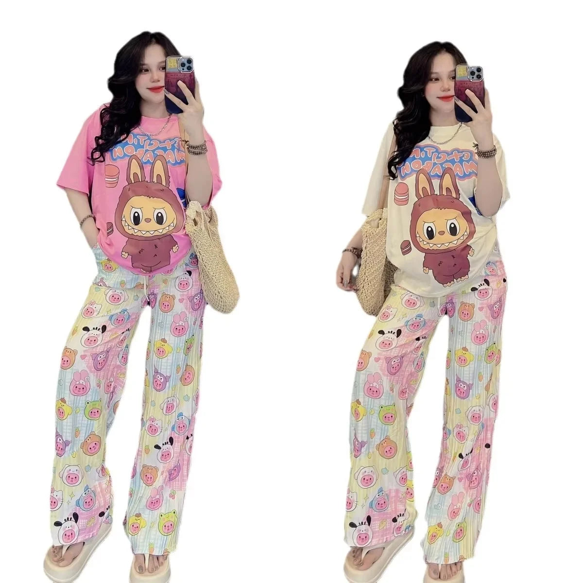 New Labubu Print T-Shirt And Pants Anime Cartoon Short Sleeved Shirt Casual Fashion 2pcs Set Kawaii Cute Woman Outdoor Clothing