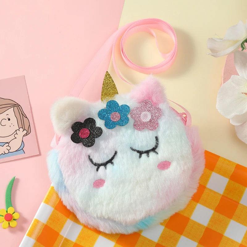 Children's Cross-Body Bag Plush Unicorn Cartoon Coin Purse Cute Girl Flower Cross-Body Bag Portable Hundred Shoulder Bag