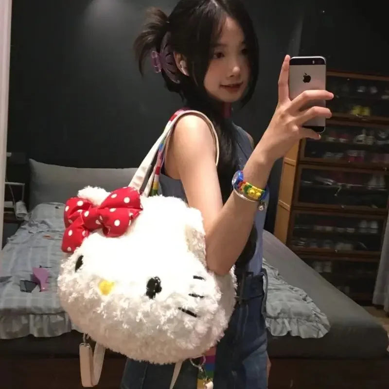 Kawaii Sanrio Hello Kitty Plush Bag Large Capacity Handbag Kuromi melody Tote Bags Y2k Fashion Women Bag Shoulder Bag Xmas Gift