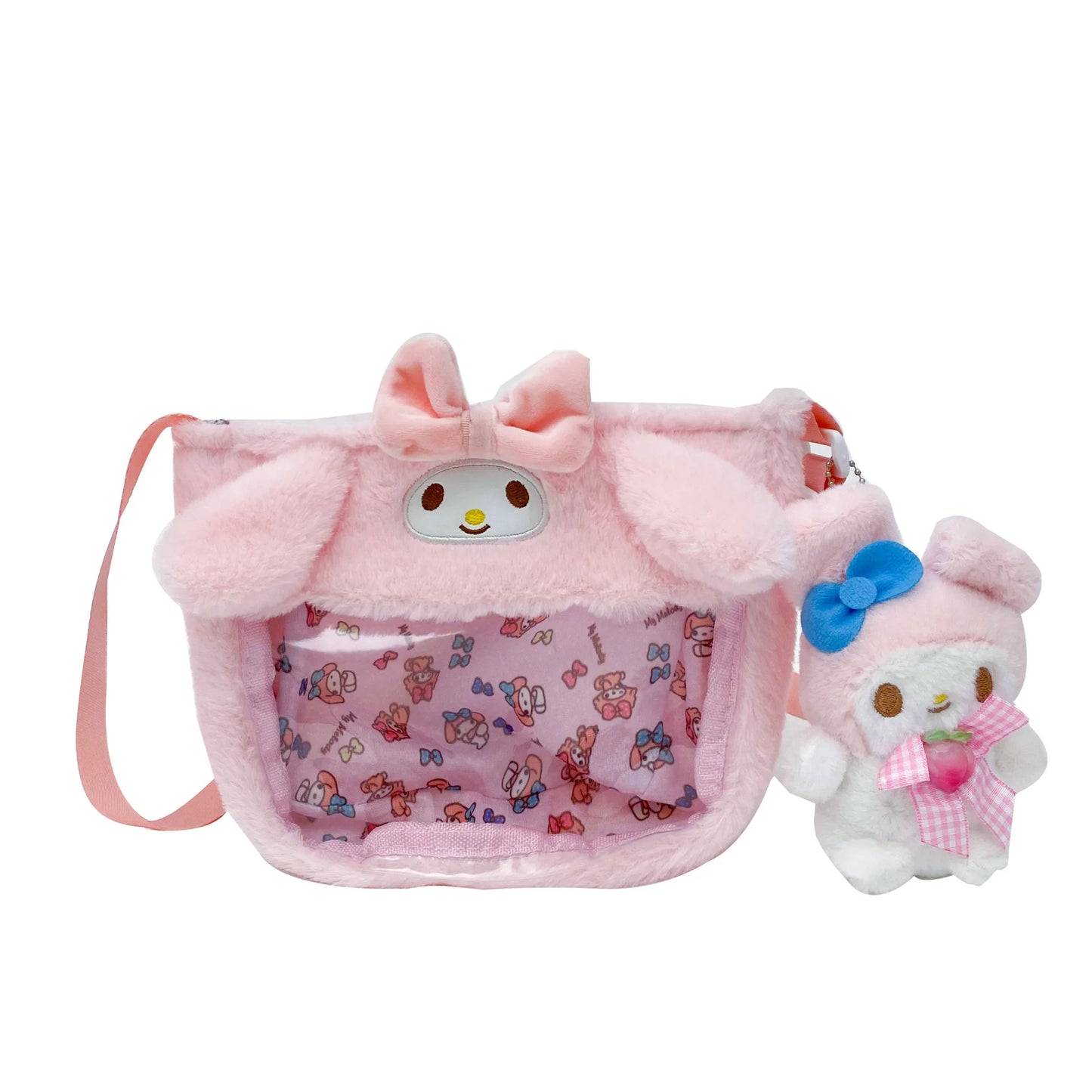 New Kawaii Sanrio Plush Transparent Messenger Bags Cinnamoroll Melody Kuromi Cartoon Doll Hello Kitty Birthday Gift Handbag