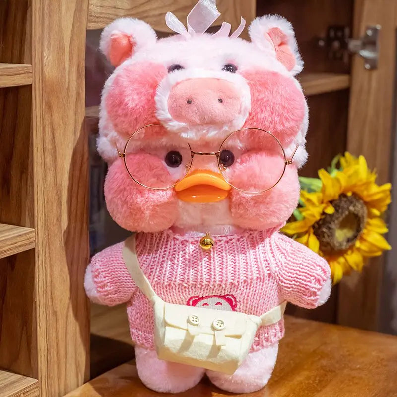 30cm Cute Cafe Pink Duck Stuffed Plush Animals Toy Wear Glasses And Clothes Soft Doll Girl Birthday Creative Gift For Girls