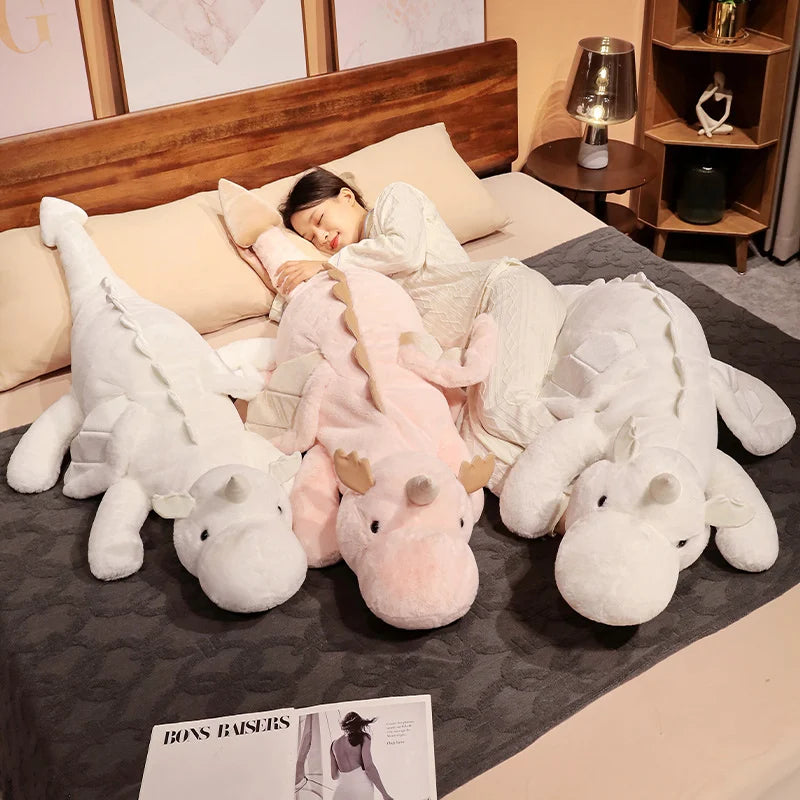 1pc 70-150cm Giant White Dragon Plush Toy With Unicorn Horn Flying Wings Dragons Dinos Hug Throw Pillow Dinos Nap Sleeping Gift