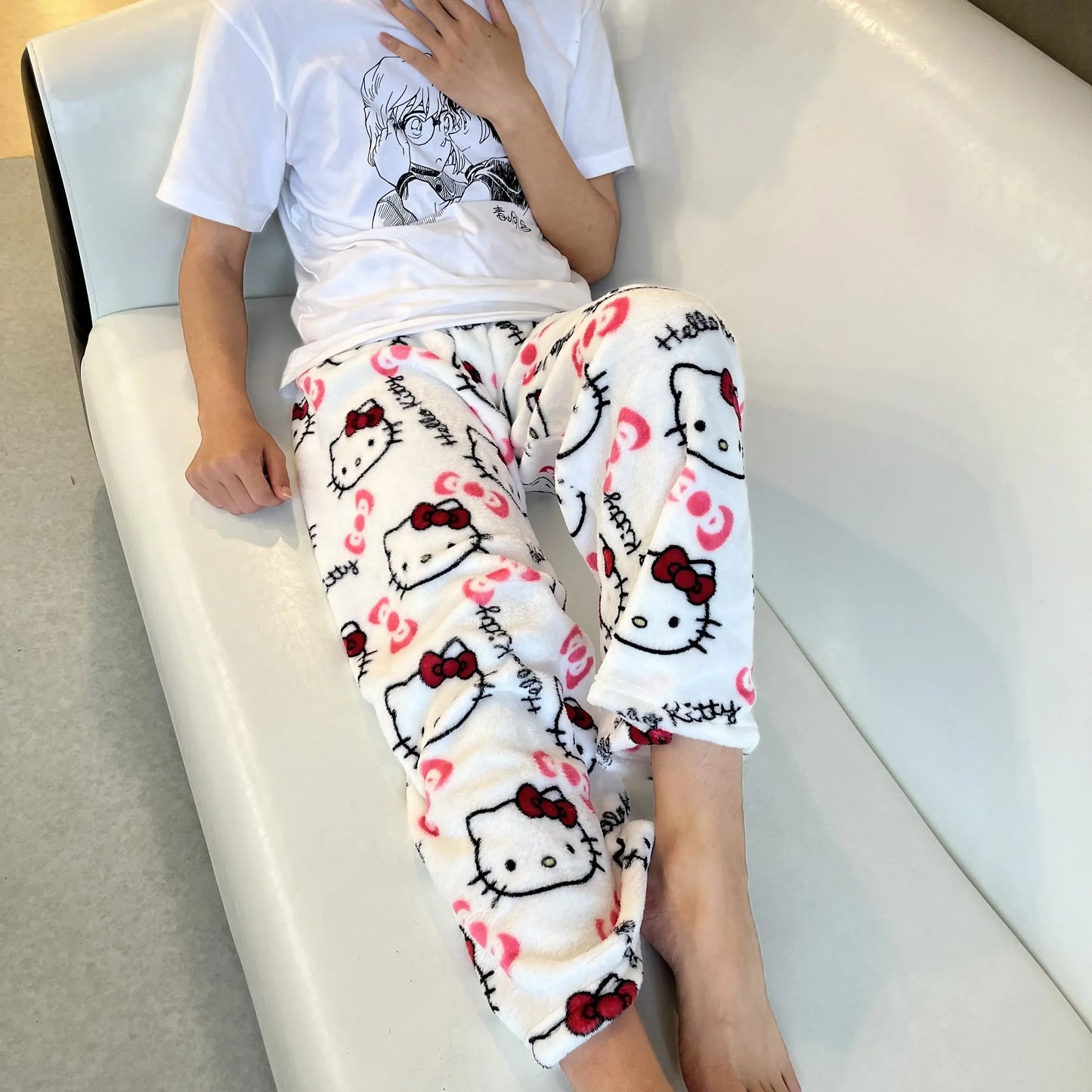 2024 Sanrio Hello Kitty Pajamas Halloween Flannel Fashion Trouserswomen Kawaii Woolen Anime Cartoon Casual Home Pants Autumn