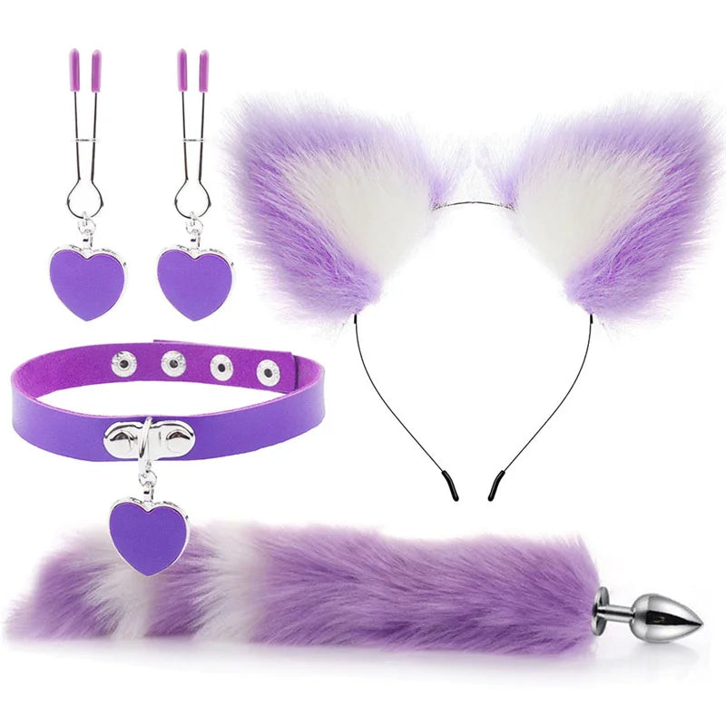 Anal Sex Toys Fox Tail Butt Plug Sexy Plush Cat Ear Headband With Bells Necklace Set Massage Sex toys For Women Couples Cosplay